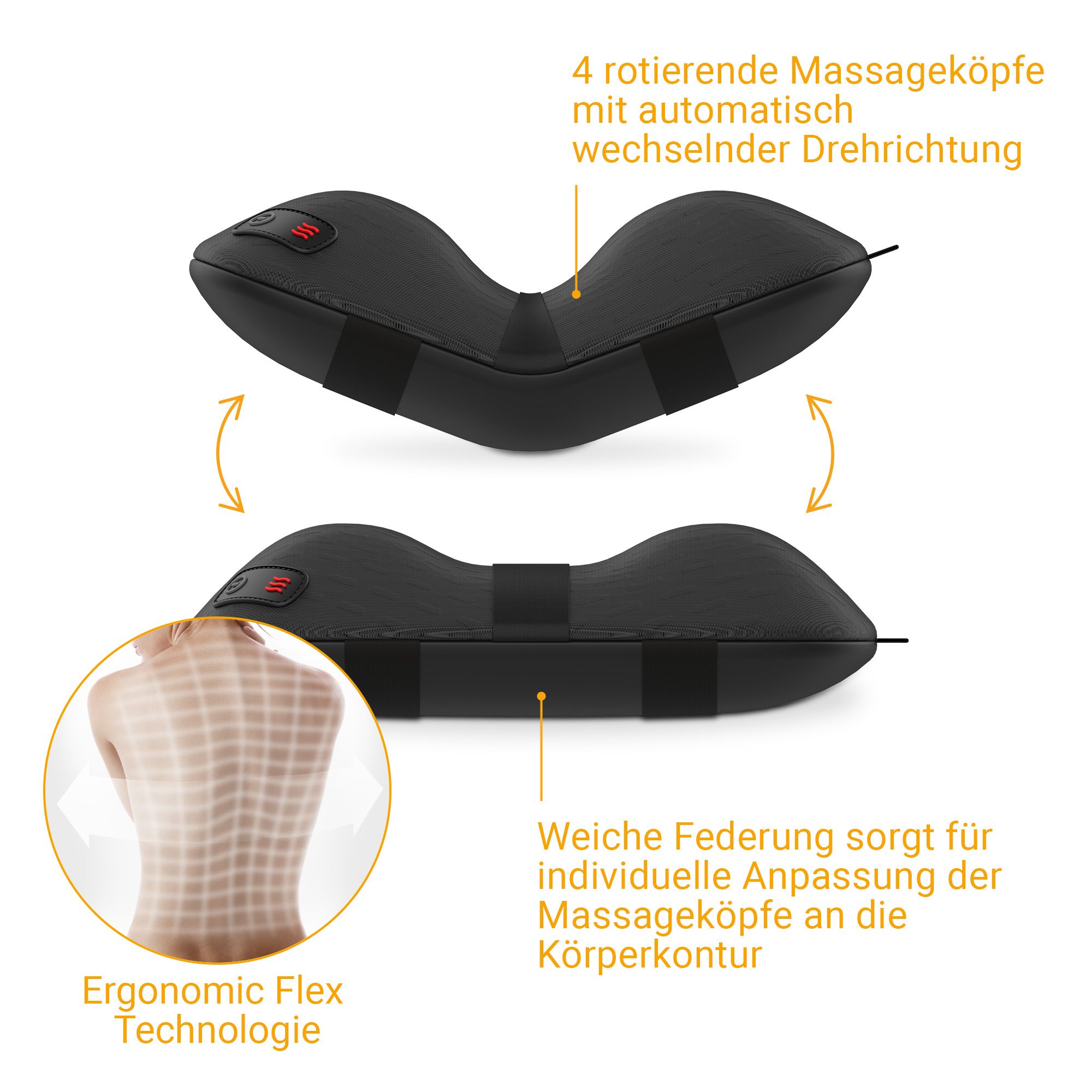 Cuscino massaggiante Shiatsu nero con 4 testine rotanti e adattamento flessibile.