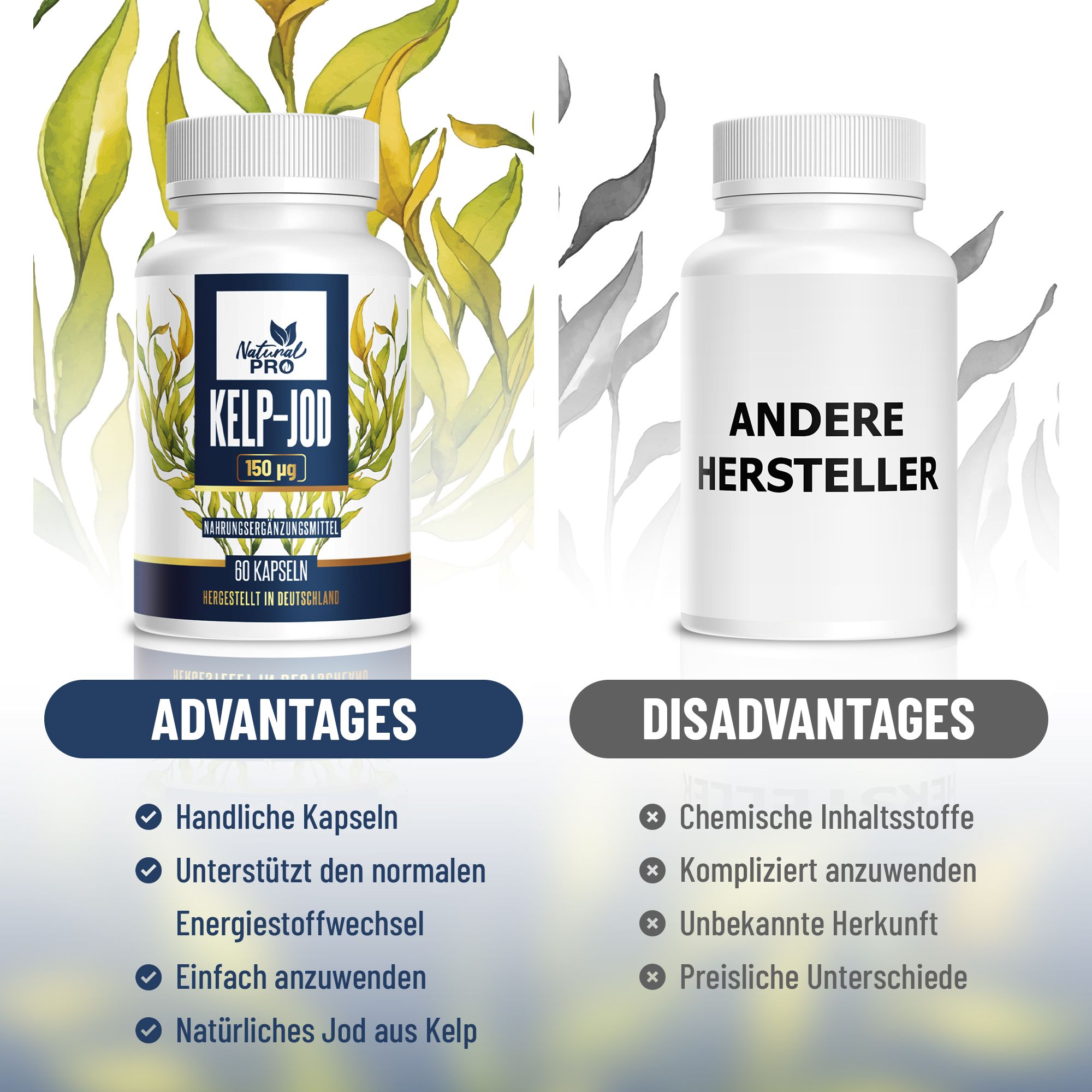 Confronto delle capsule con altri produttori. Vantaggi: capsule maneggevoli, metabolismo, facile da usare, iodio naturale. Svantaggi.