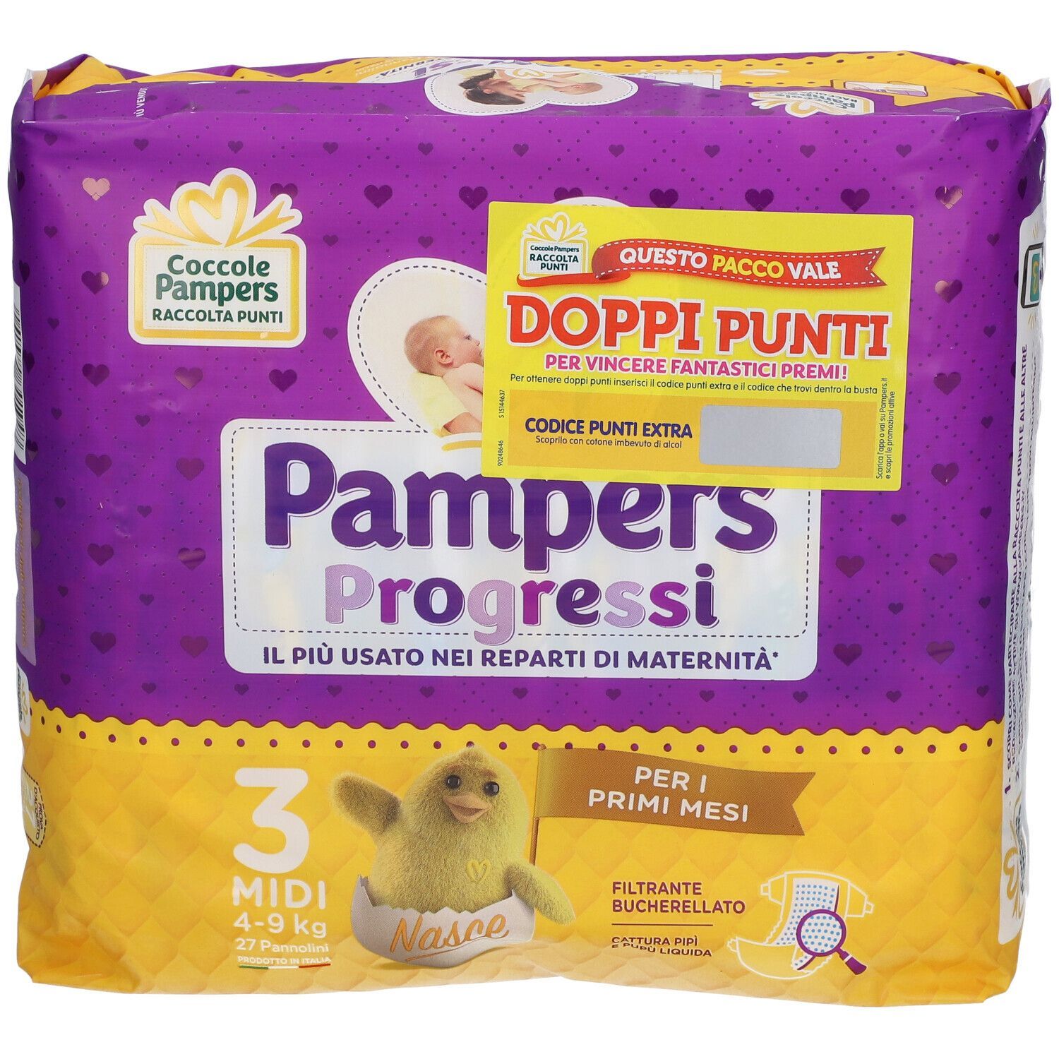 Confezione di pannolini Pampers Progressi. Fronte con nome, logo e coupon. Taglia: 4-9 kg.