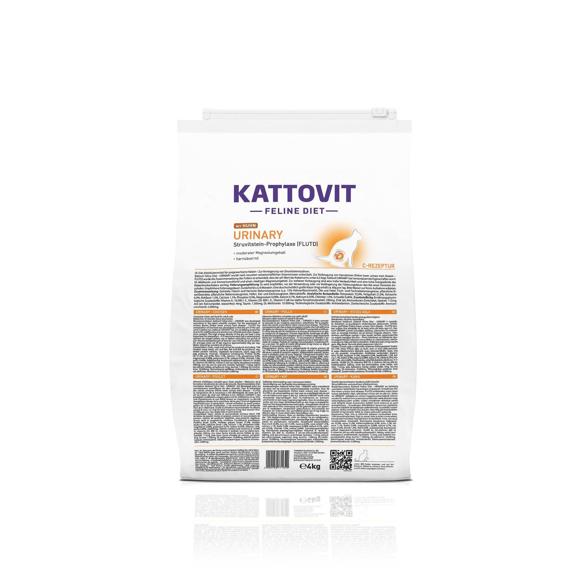 Sacchetto bianco di crocchette KATTOVIT Urinary. Stampa con nome del prodotto, logo e testo. Confezione da 4 kg.