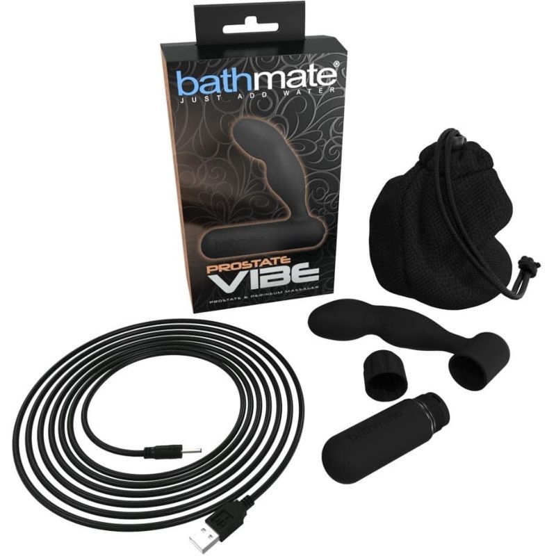 Set Bathmate Prostate Vibe con confezione, cavo di ricarica, sacchetto portaoggetti e accessori.