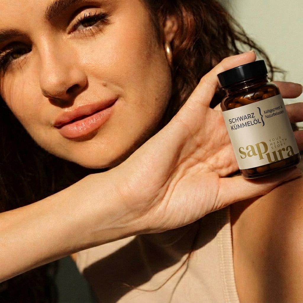 Donna tiene in mano un flacone marrone con capsule. Scritta: SCHWARZKÜMMELÖL, Kaltgepresst & Naturbelassen, sapura, YOUR HEALTH STORY.