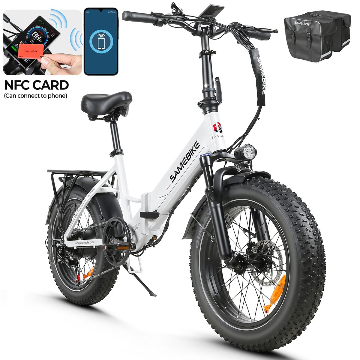 Bicicletta elettrica pieghevole bianca, con accessori. Scheda NFC e borsa.