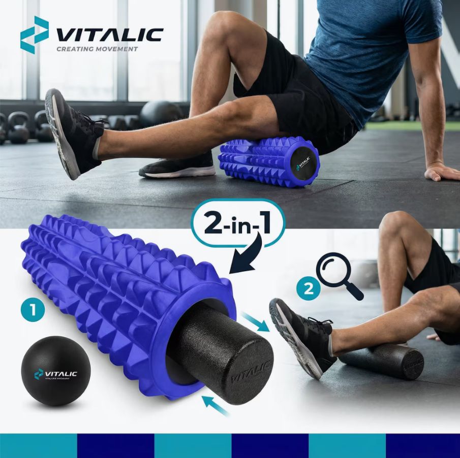 Rullo blu scanalato e sfera nera. Funzione 2 in 1. Uomo che usa il rullo sulla gamba.