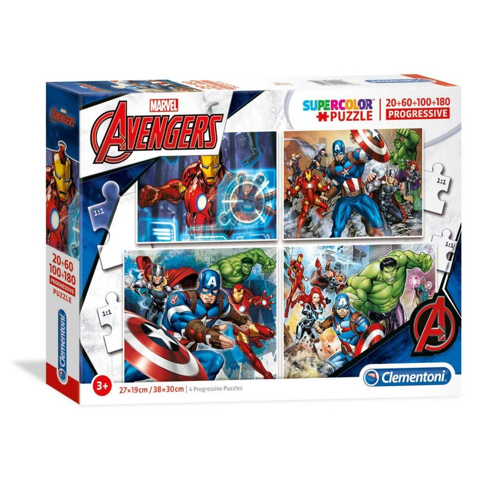 Scatola puzzle Clementoni Avengers. Quattro puzzle progressivi: 20, 60, 100 e 180 pezzi. Logo Marvel e personaggi.