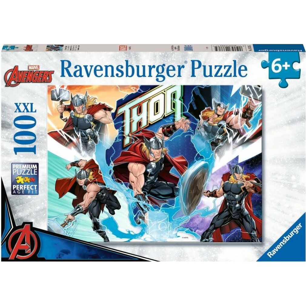 Scatola puzzle Ravensburger. Motivo: Thor. Contiene 100 pezzi. Età 6+. Logo Marvel Avengers.