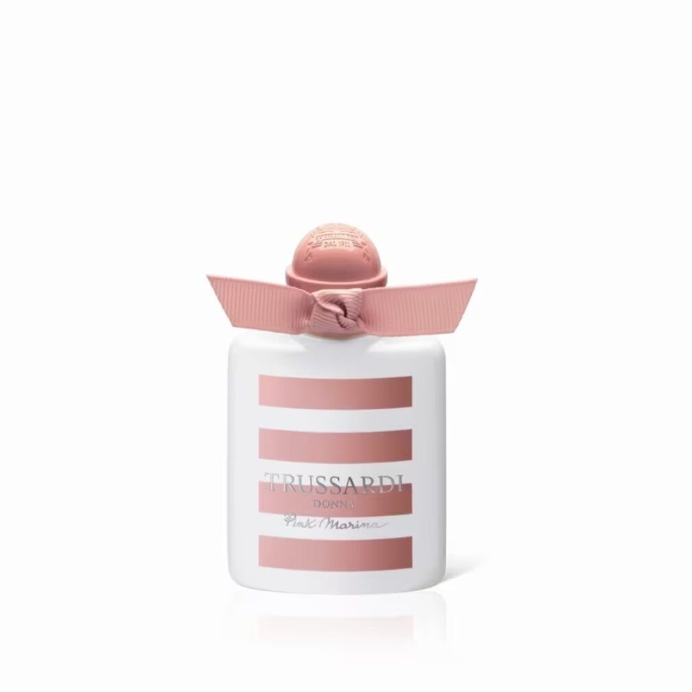 Flacone a strisce rosa, fiocco e tappo. Scritta: Trussardi Donna Pink Marina.