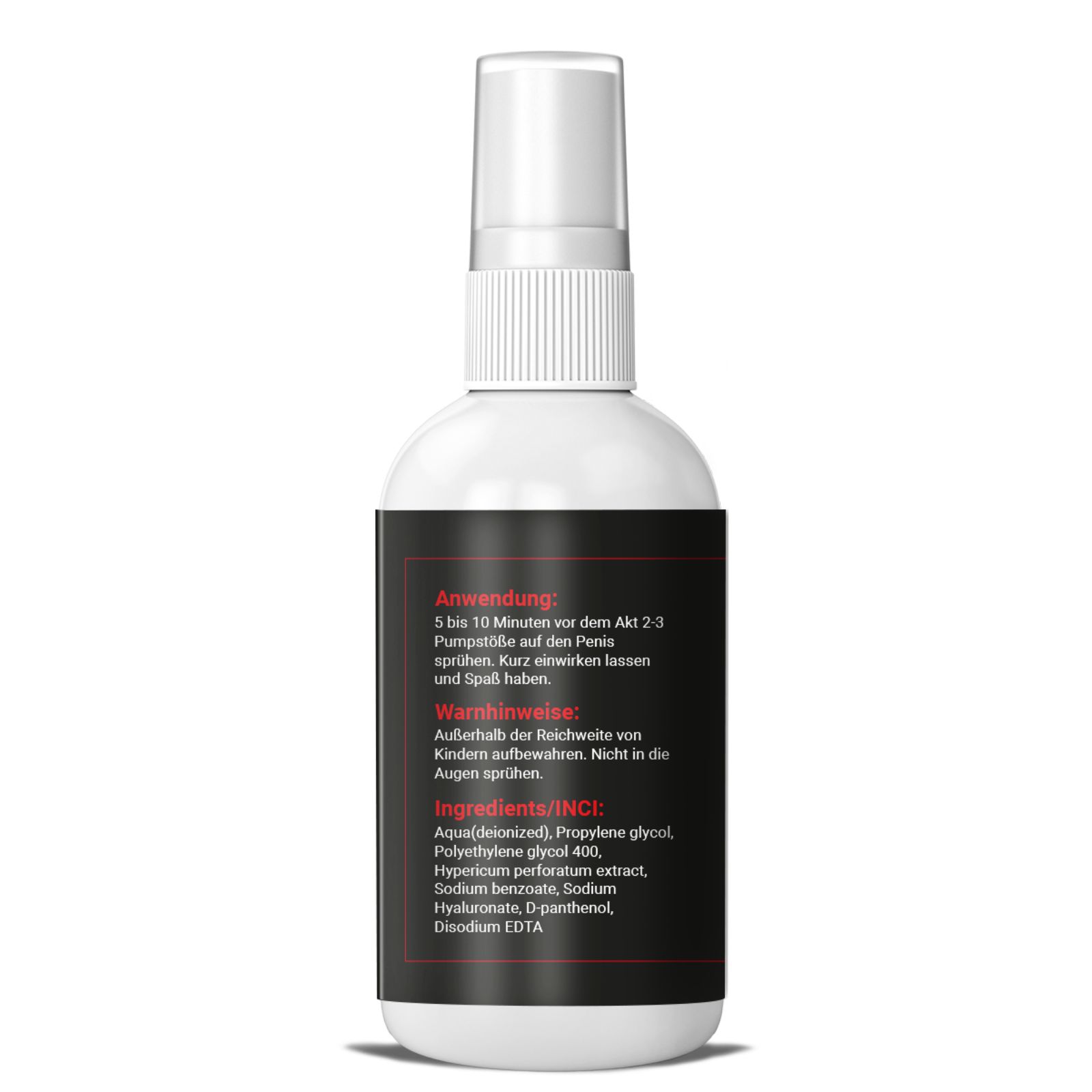 Retro di flacone bianco con etichetta nera. Testo rosso: Istruzioni per l'uso, Avvertenze, Ingredienti (INCI).