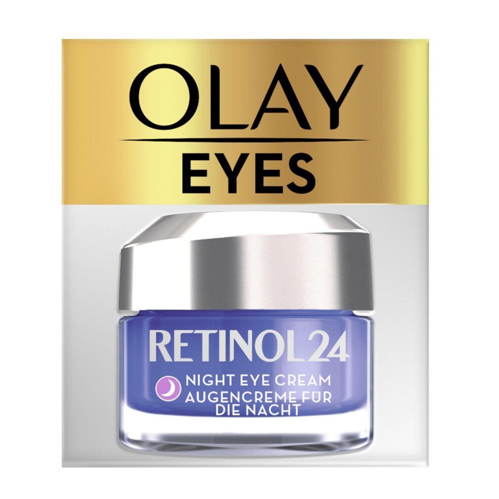 Olay Eyes Retinol 24 crema notte occhi. Crema blu in un barattolo di vetro con coperchio argentato. Confezione con logo Olay dorato.