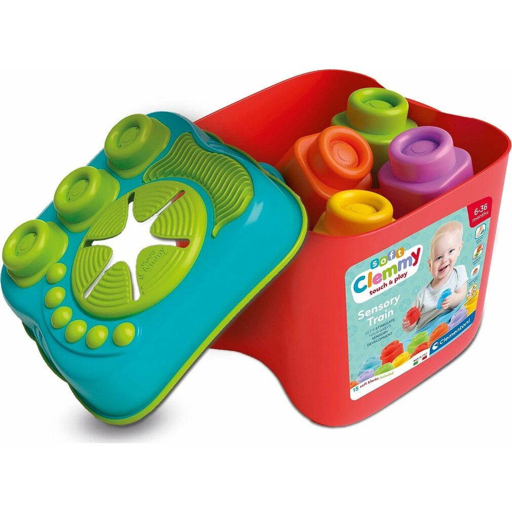Secchiello rosso con coperchio e blocchi. Clementoni Sensory Train. Coperchio con bottoni.