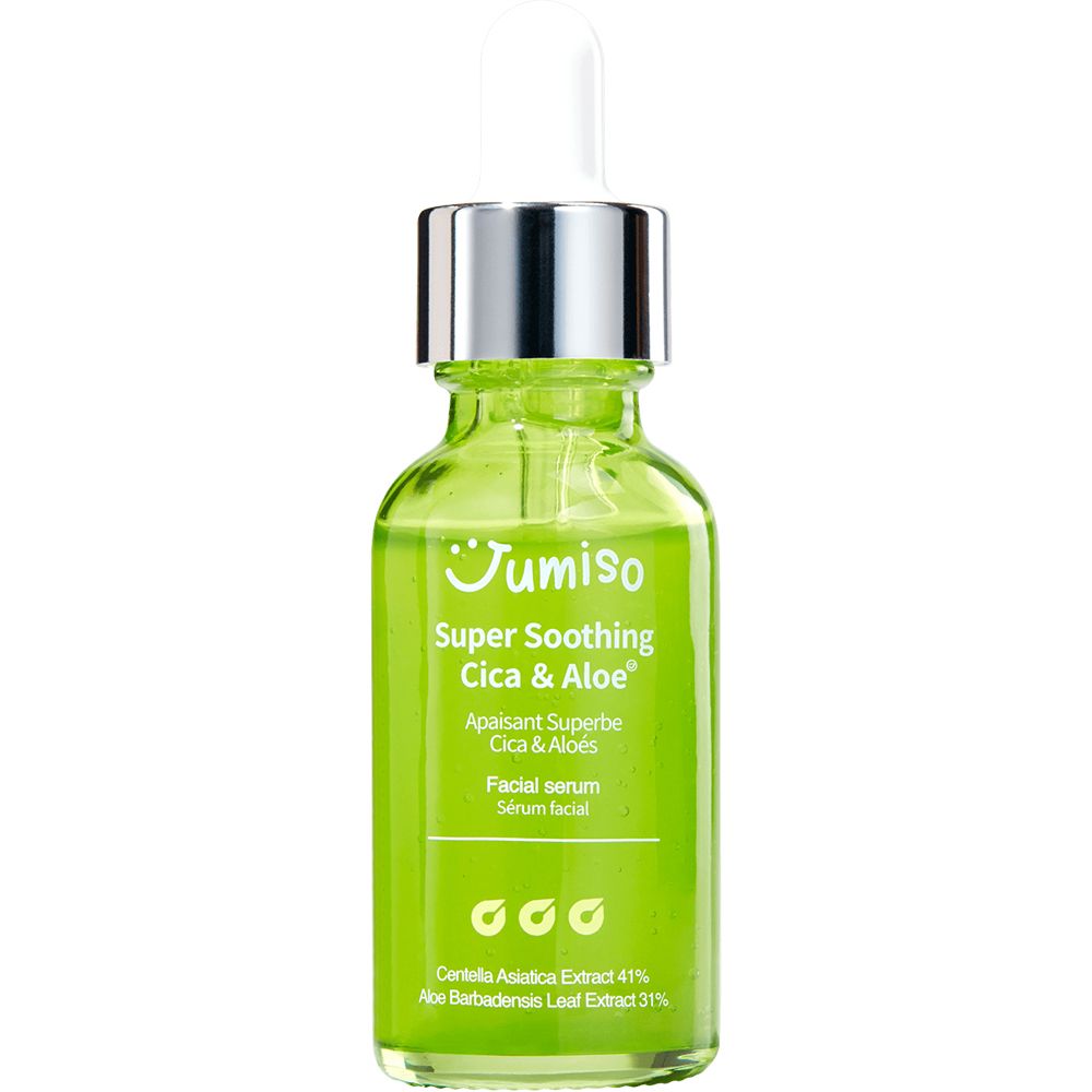 Flacone di vetro verde con contagocce. Scritta: Super Soothing Cica & Aloe. Siero viso.