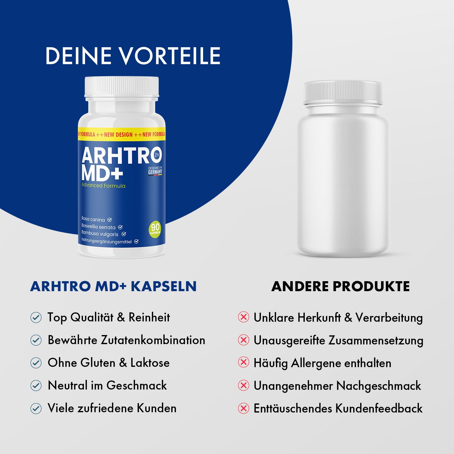 Confronto tra capsule ARHTRO MD+ e altri prodotti. Vantaggi: Massima qualità, ingredienti comprovati, senza glutine e lattosio, gusto neutro, molti clienti soddisfatti.