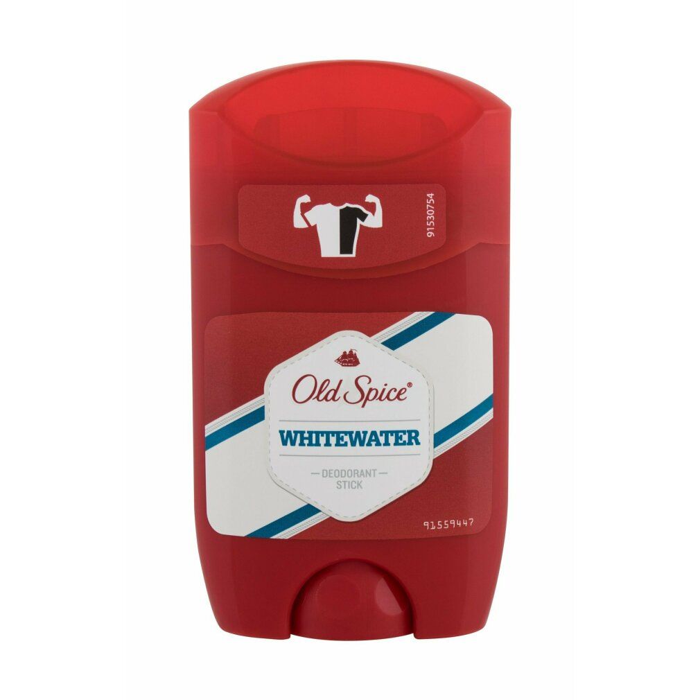 Stick deodorante rosso con etichetta bianca. Scritta: Old Spice Whitewater. Strisce blu e bianche e simbolo uomo muscoloso.