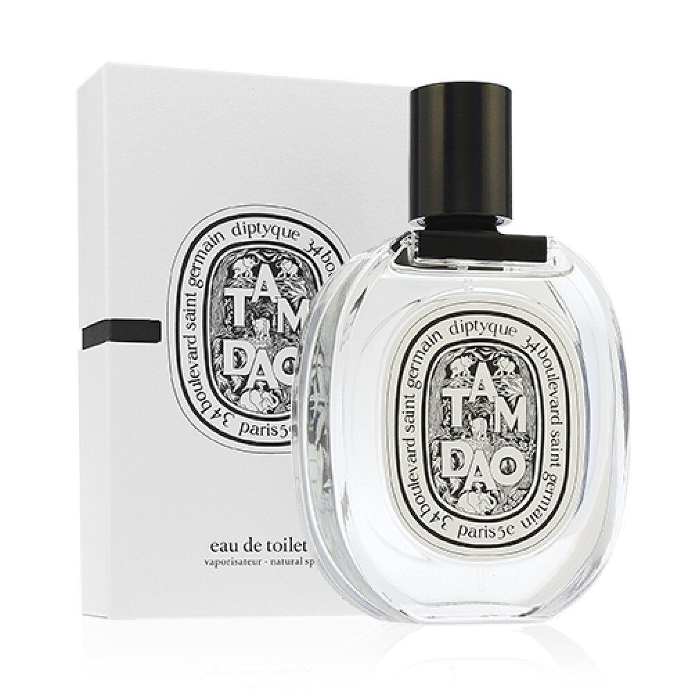 Flacone di profumo con confezione bianca. Scritta Tam Dao, Diptyque, Eau de Toilette. Tappo nero.