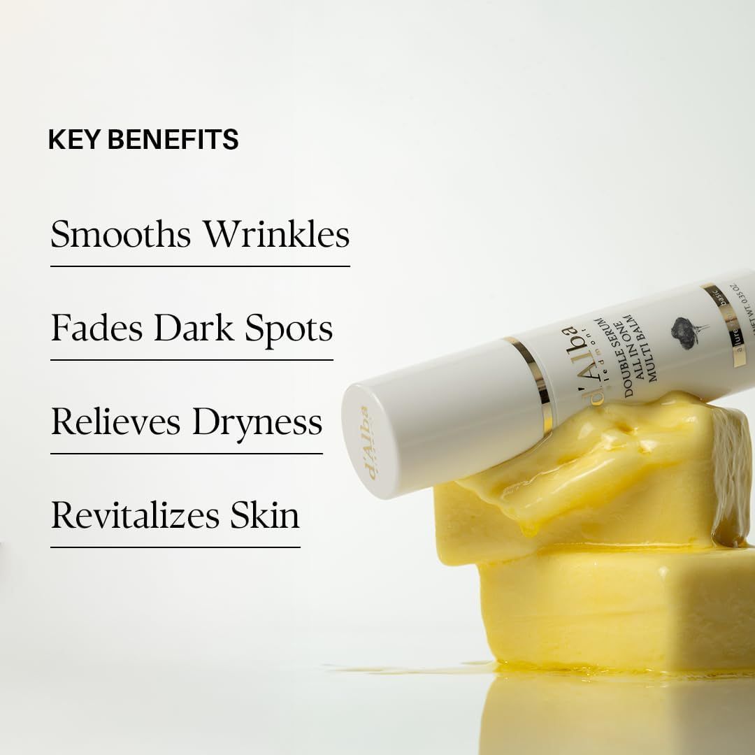 Stick di balsamo bianco con anima gialla. Testo: Vantaggi principali. Leviga le rughe, riduce le macchie, allevia la secchezza.