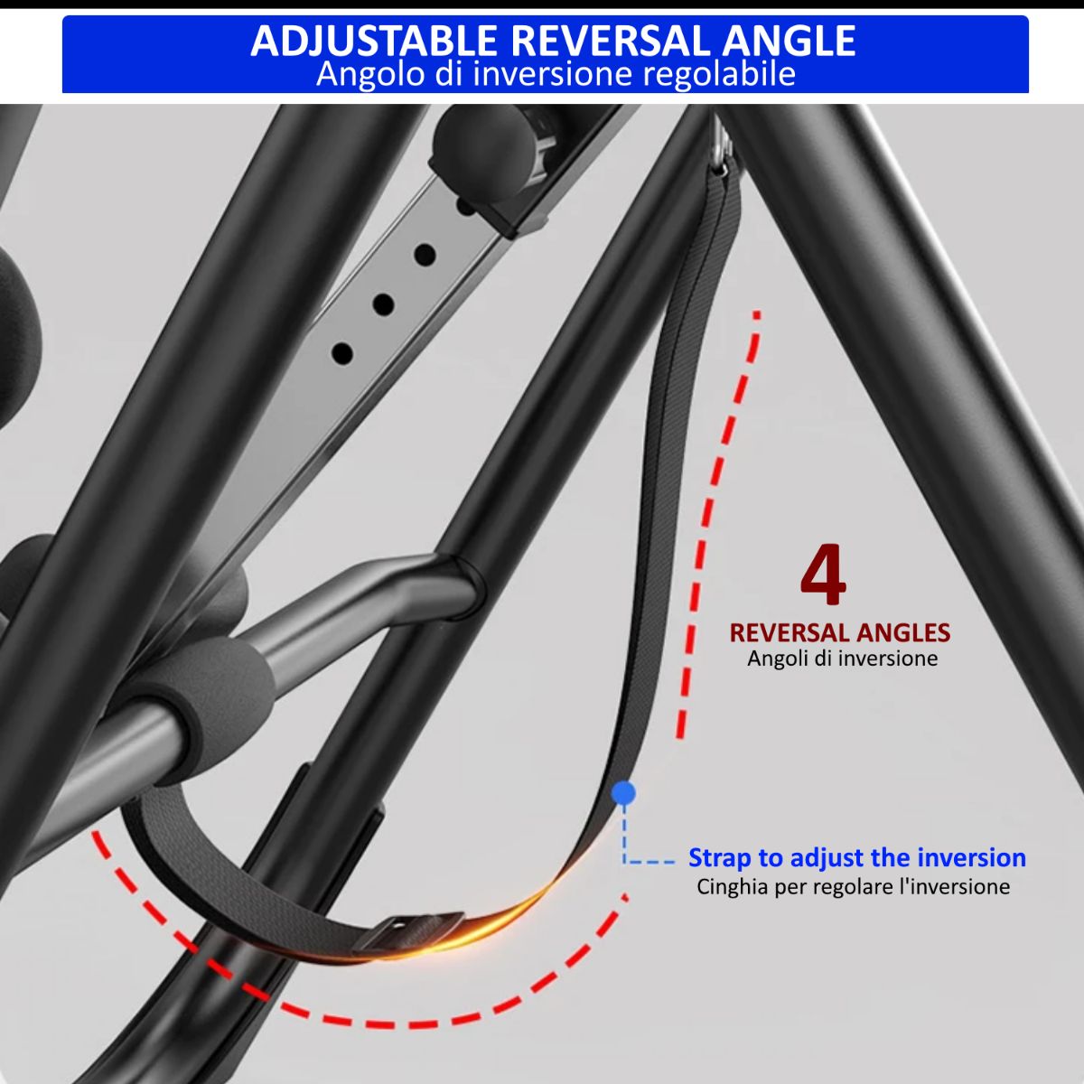 Primo piano dell'angolo di inversione regolabile. Cinturino per regolare l'angolo, 4 angoli di inversione.