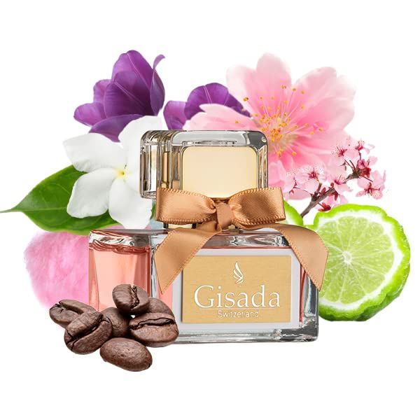 Flacone Gisada Donna Edt Spray con fiori e chicchi di caffè. Dettagli dorati. Nome del prodotto e marchio visibili.