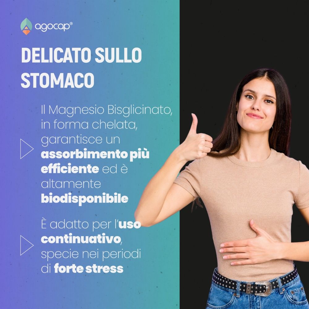 Donna con pollice in su. Testo: Delicato sullo stomaco. Magnesio Bisglicinato in forma chelata. Adatto all'uso continuativo.