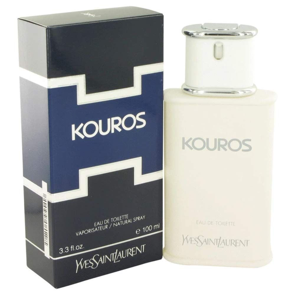 Flacone di profumo e confezione. Flacone crema, tappo argento. Confezione blu con scritta bianca "KOUROS".