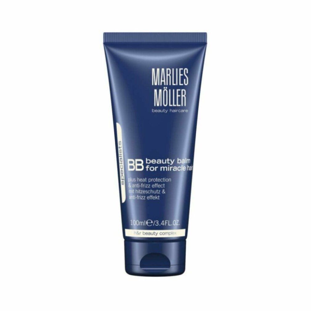 Tubo blu scuro con testo bianco. Scritta: Marlies Möller, BB beauty balm for miracle hair. Contiene protezione termica e anti-crespo.