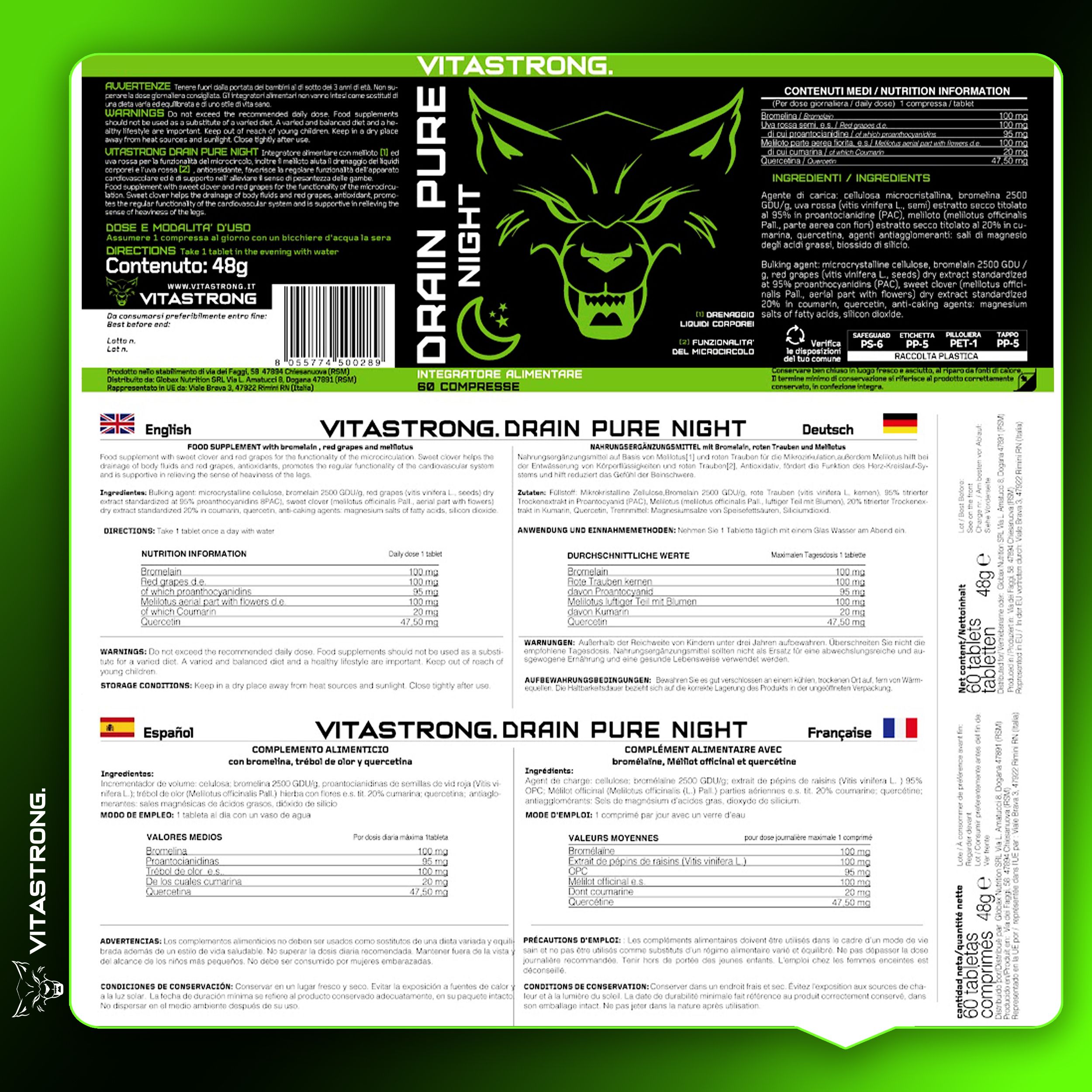 Vitastrong DrainPure & Night – Integratore drenante giorno/notte contro ritenzione idrica