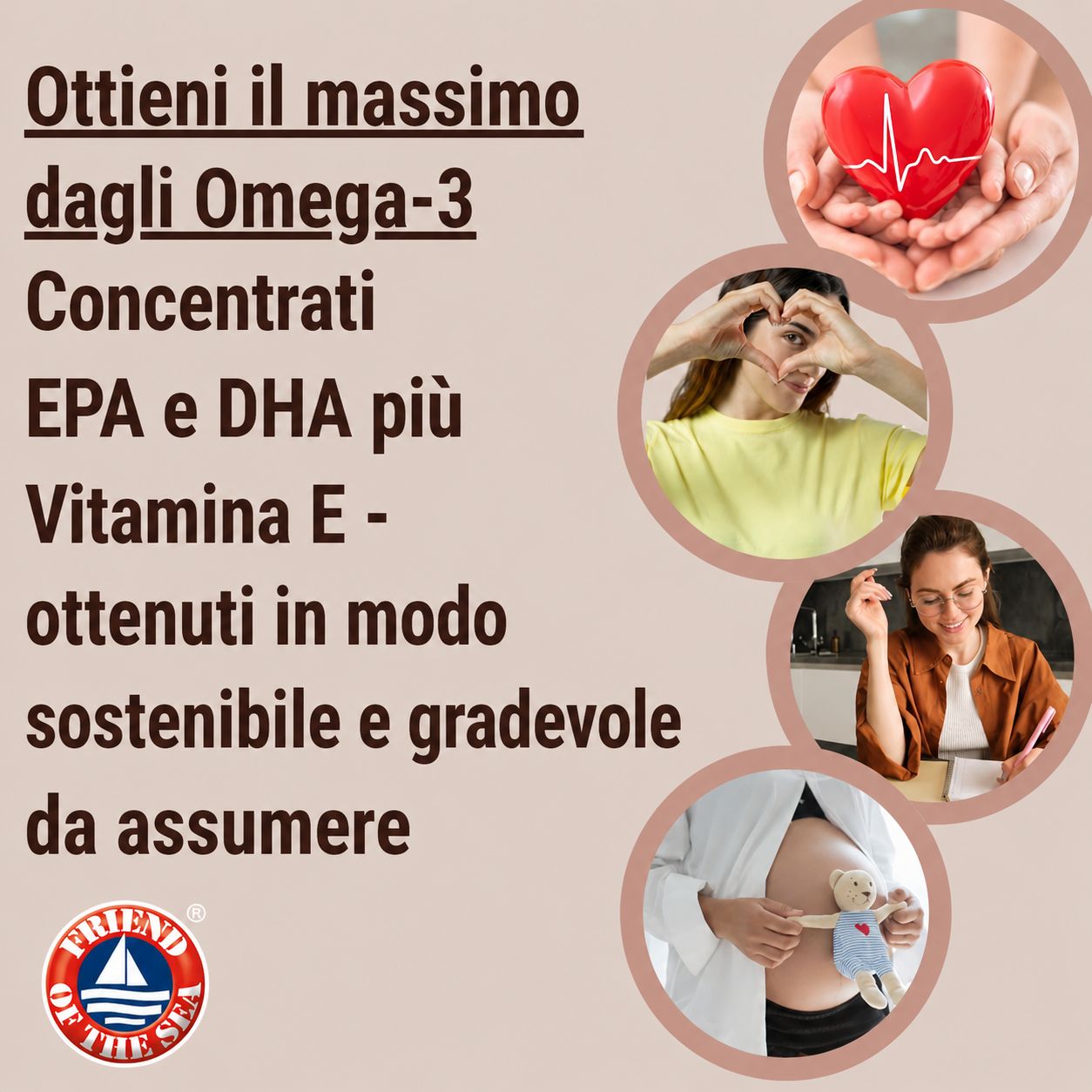 Testo: Ottieni il massimo dagli Omega-3. EPA e DHA concentrati più vitamina E. Immagini: cuore, mani, donna, pancia incinta.