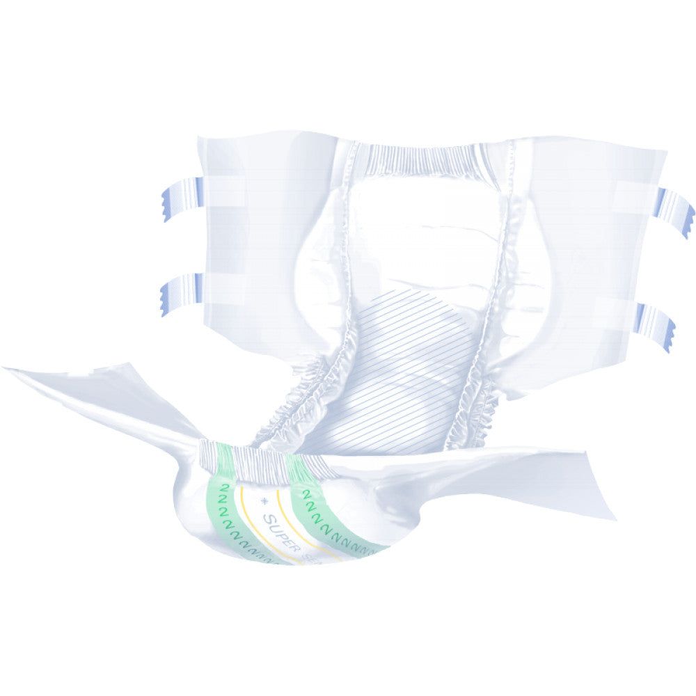 Pannolino Super Seni Trio. Bianco con chiusure blu. Dettagli verdi e gialli. Fodera interna a strisce.