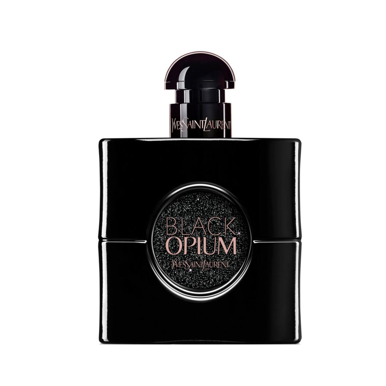Flacone nero con tappo nero. Scritta: Black Opium, YSL.