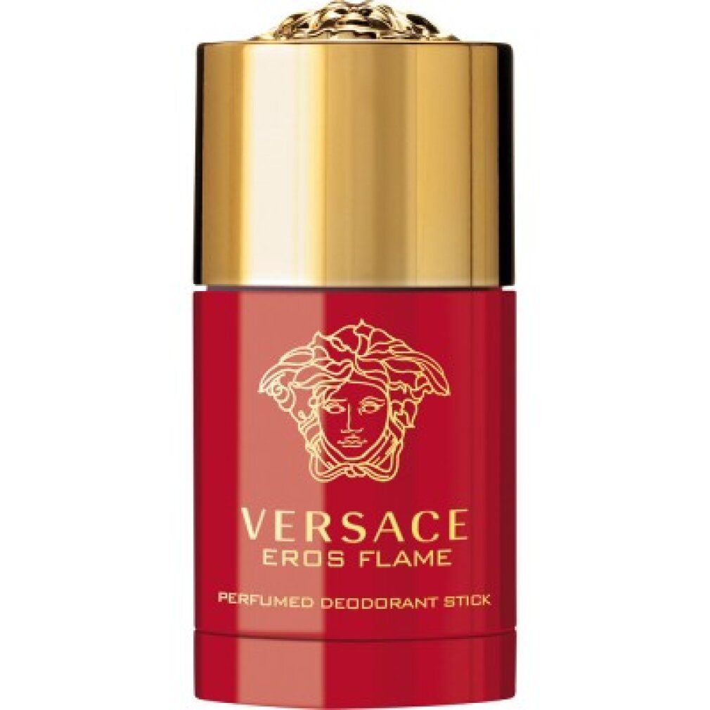 Deodorante stick profumato Versace Eros Flame, flacone rosso con tappo dorato e logo Medusa.
