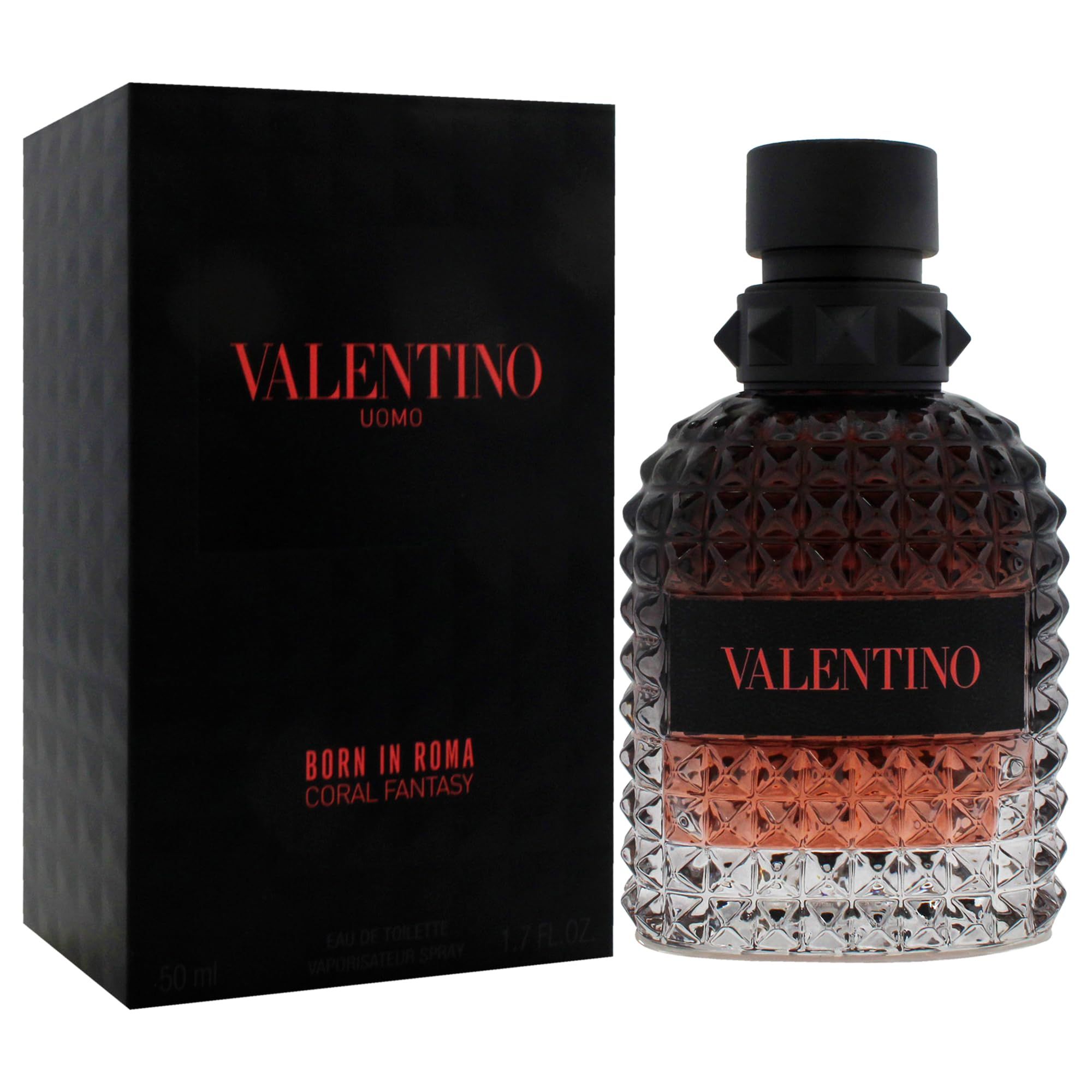 Valentino Born In Roma Coral Fantasy Eau de Parfum. Flacone e confezione. Scritta rossa su sfondo nero.