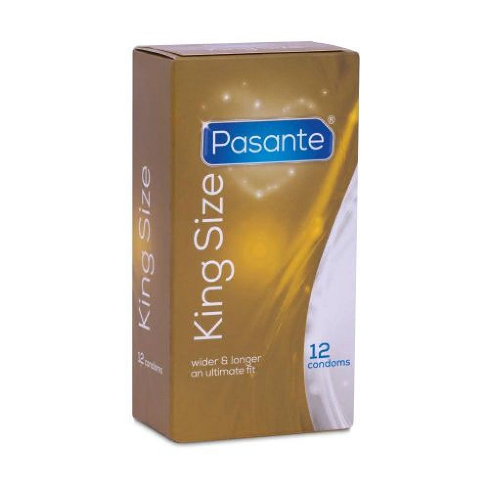Scatola di preservativi Pasante King Size, 12. Sfondo dorato con elementi bianchi. Scritta 'wider & longer'.