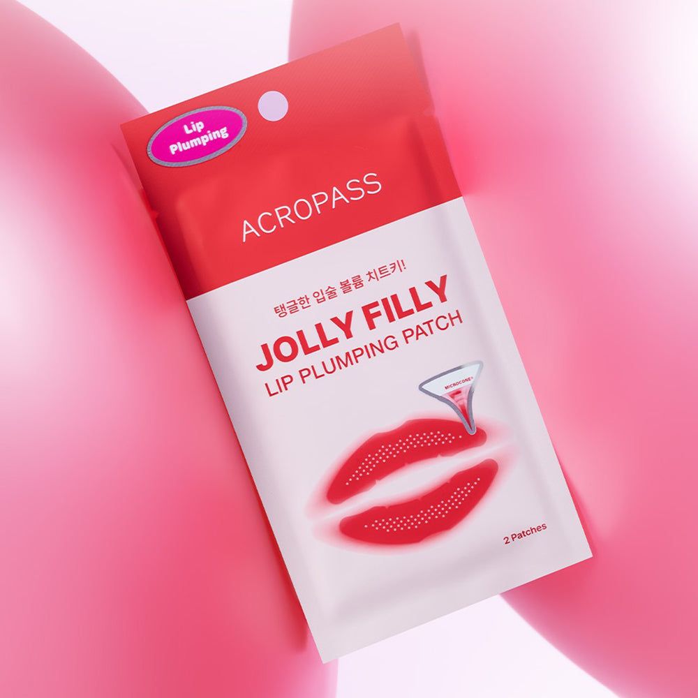 Confezione ACROPASS Jolly Filly Lip Plumping Patch. Confezione rossa e bianca con nome del prodotto e immagine delle labbra. 2 patch.