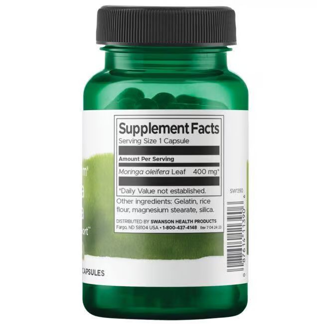 Retro del flacone verde. Etichetta con informazioni nutrizionali: Moringa oleifera Leaf 400 mg. Altri ingredienti.