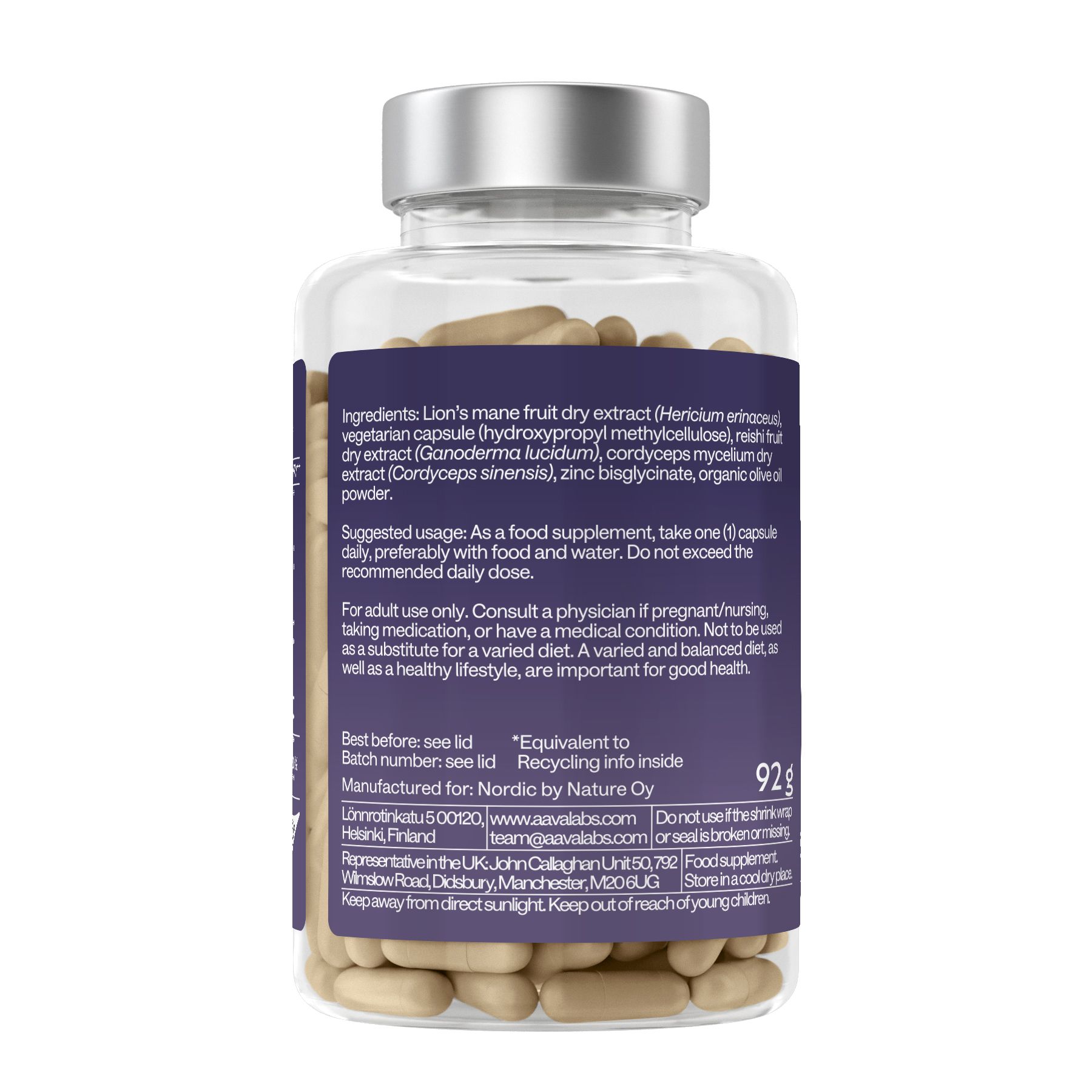 Retro del flacone di capsule. Contiene informazioni sugli ingredienti, l'uso e il valore nutrizionale.