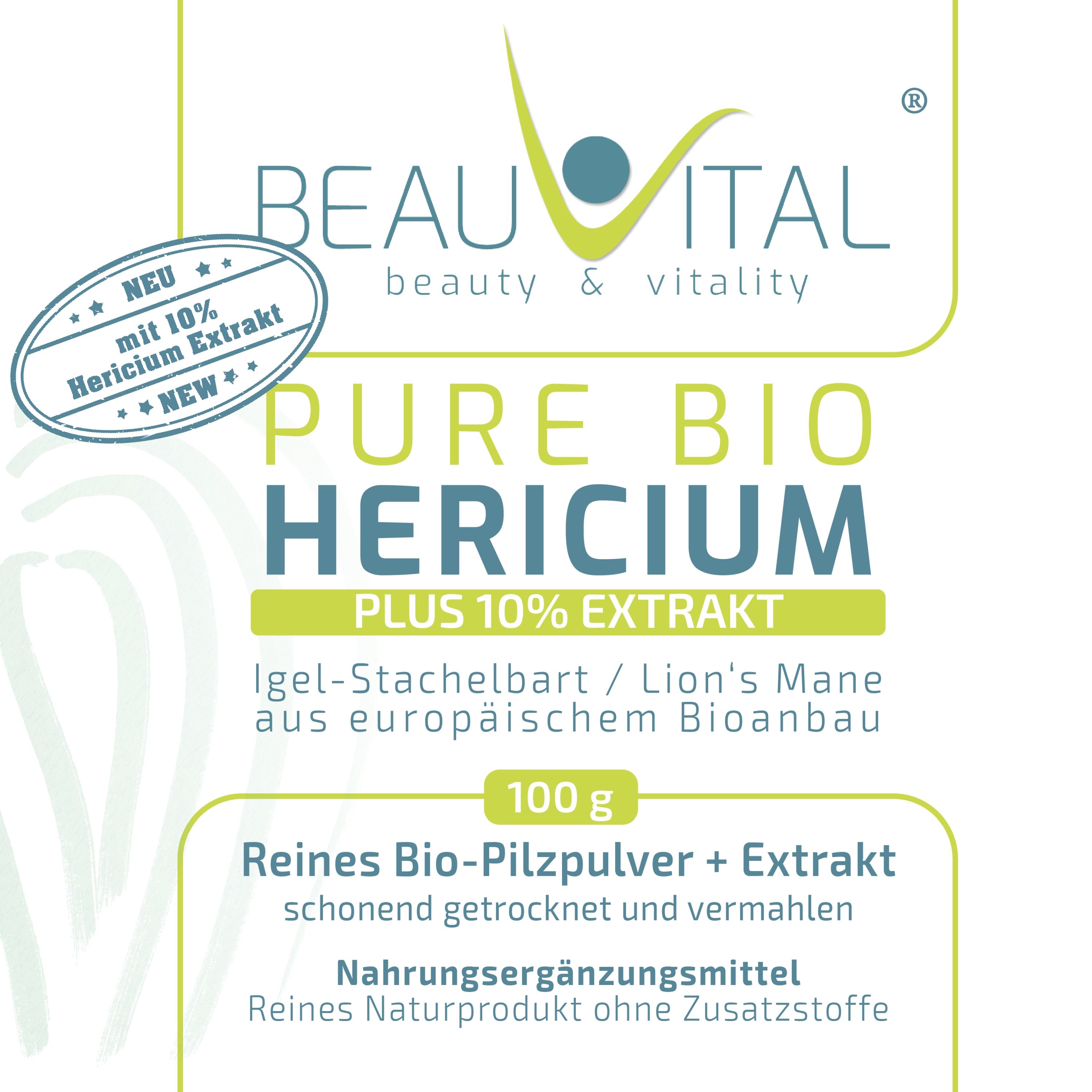 Beauvital Pure Bio Hericium: 100g polvere di fungo + estratto da coltivazione biologica europea.