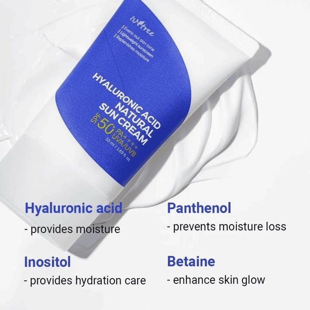 Crema solare naturale Isntree Hyaluronic Acid SPF 50 con ingredienti: acido ialuronico, panthenolo, inositolo, betaina.