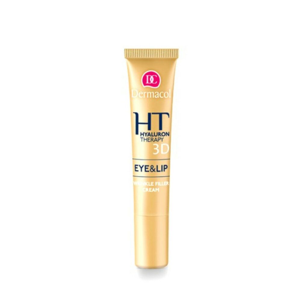 Tubo di crema dorato. Scritta: Dermacol, HT Hyaluron Therapy 3D Eye & Lip Wrinkle Filler Cream.