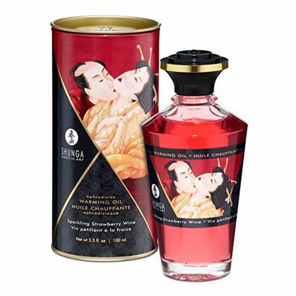 Flacone e scatola rossi con etichette. Scritta: Shunga, Olio riscaldante, aroma fragola. Illustrazione di una coppia che si bacia.