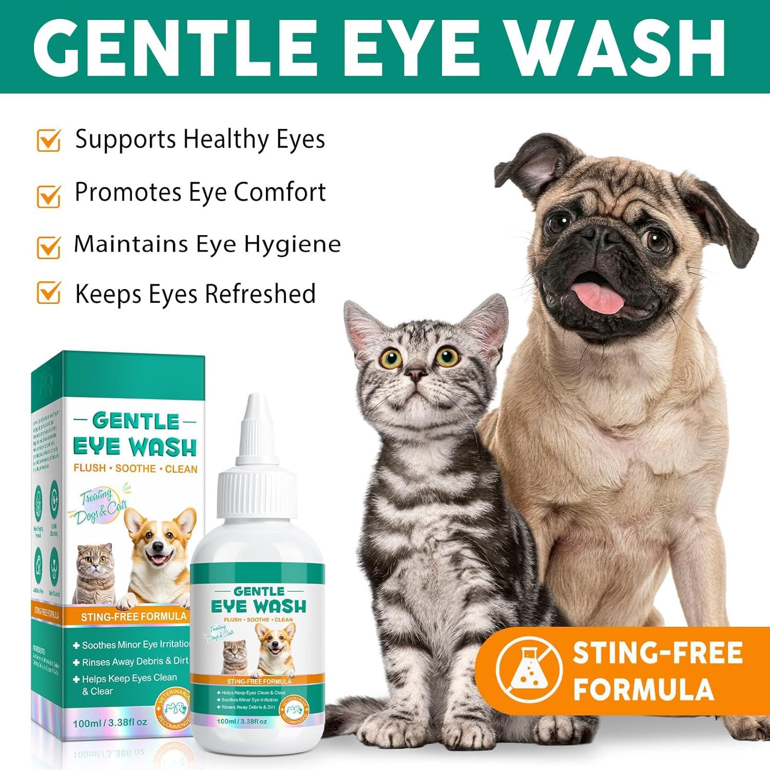 Flacone e confezione di lavaggio oculare. Cani e gatti raffigurati. Testo: Gentle Eye Wash. Supporta occhi sani.