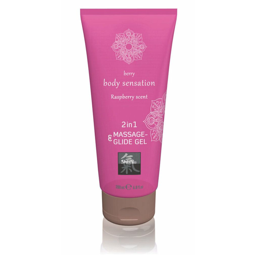 Tubo rosa con gel massaggio e scivolamento. Scritta: berry body sensation, profumo lampone. 2in1 Massage- & Glide Gel.