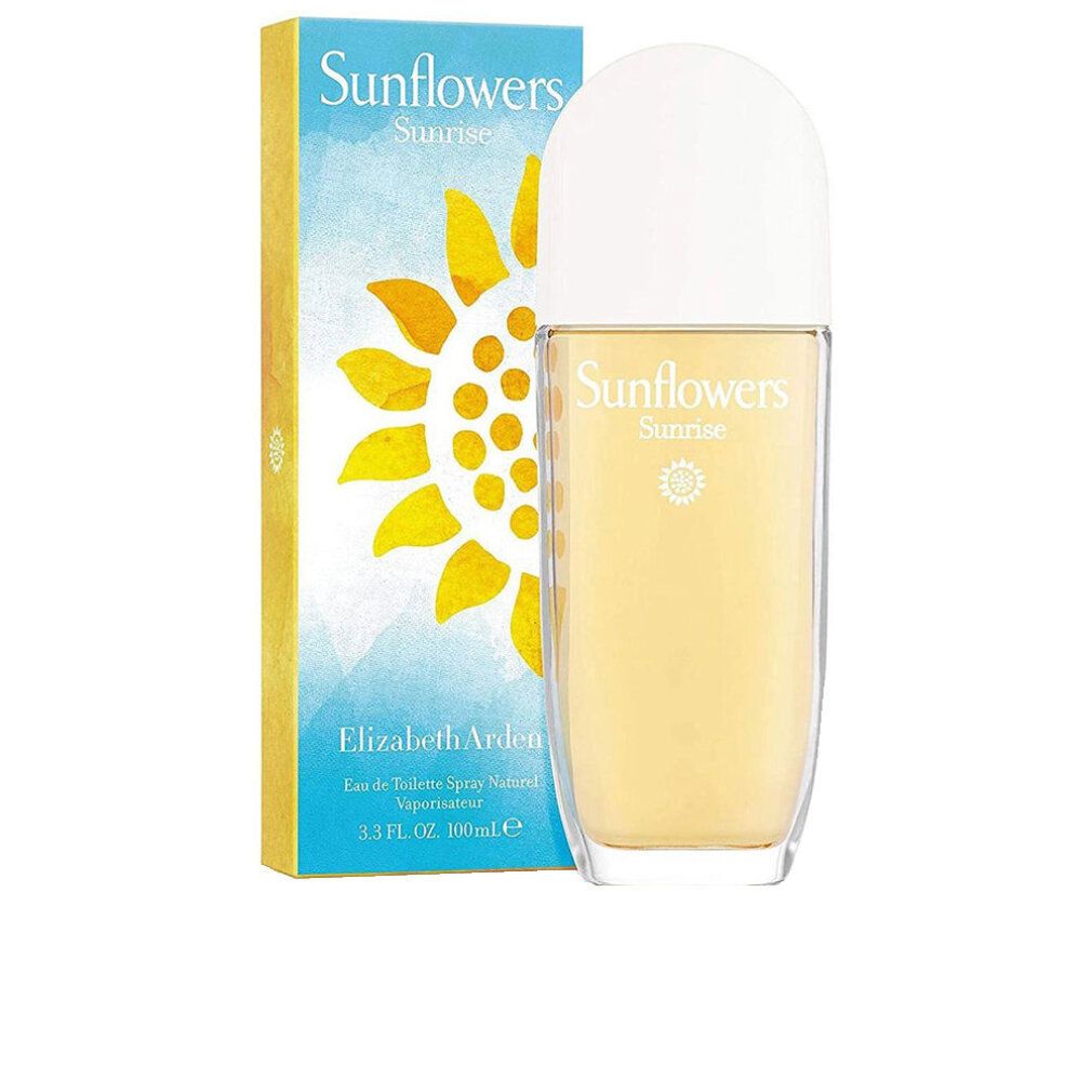 Flacone e scatola Elizabeth Arden Sunflower Sunrise. Flacone con tappo bianco, liquido giallo. Scatola con motivo girasole.