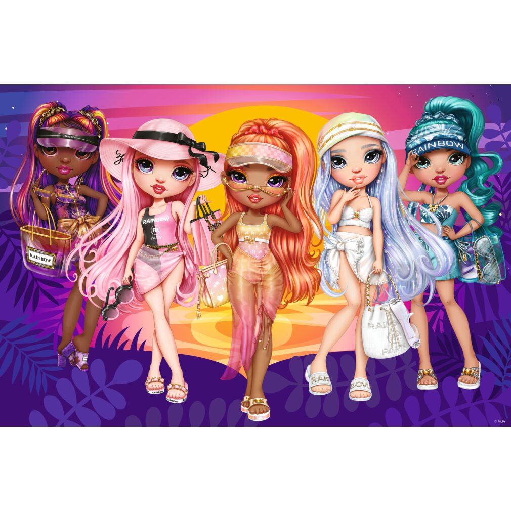 Puzzle con illustrazione di cinque bambole in abiti estivi davanti a un tramonto. Testo: Rainbow High.