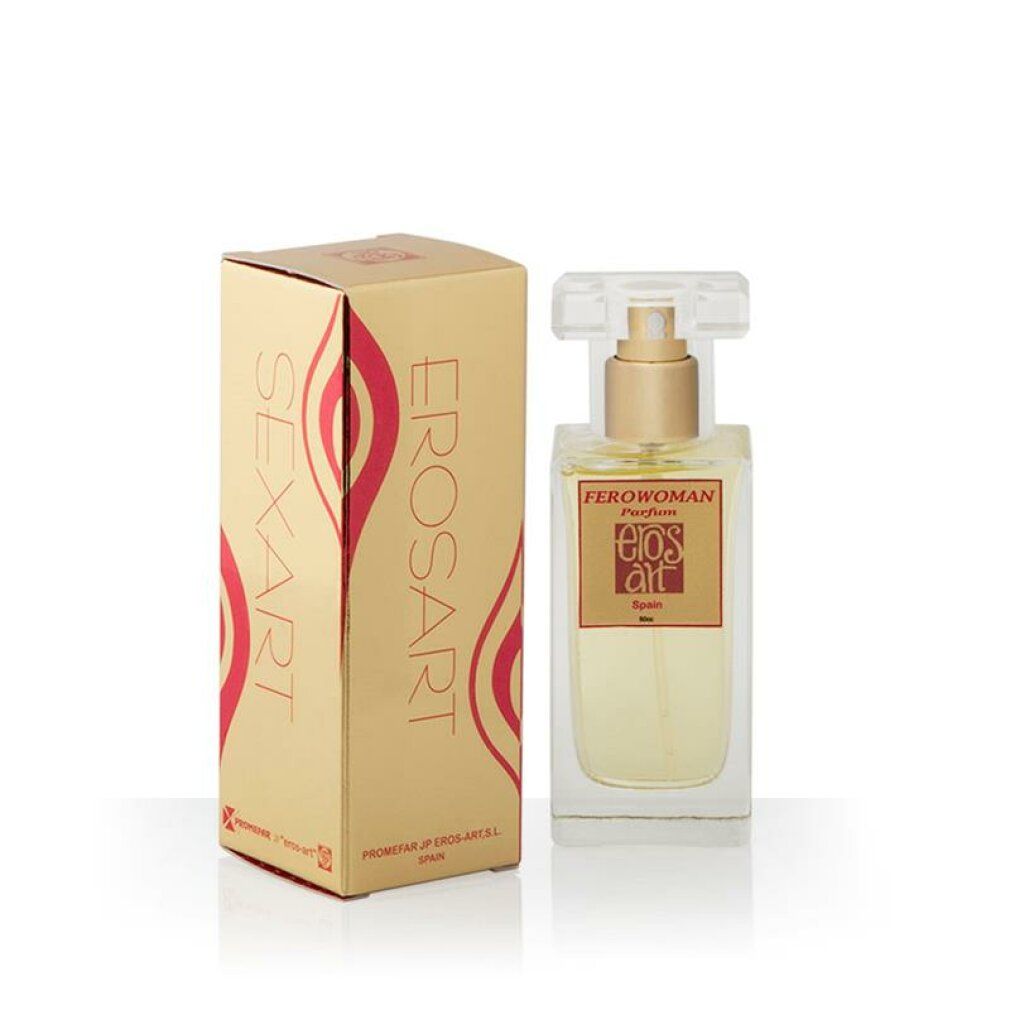 Flacone di profumo e confezione. Sulla confezione c'è scritto "EROSART SEXART". Sul flacone c'è scritto "FEROWOMAN Parfum eros art Spain".