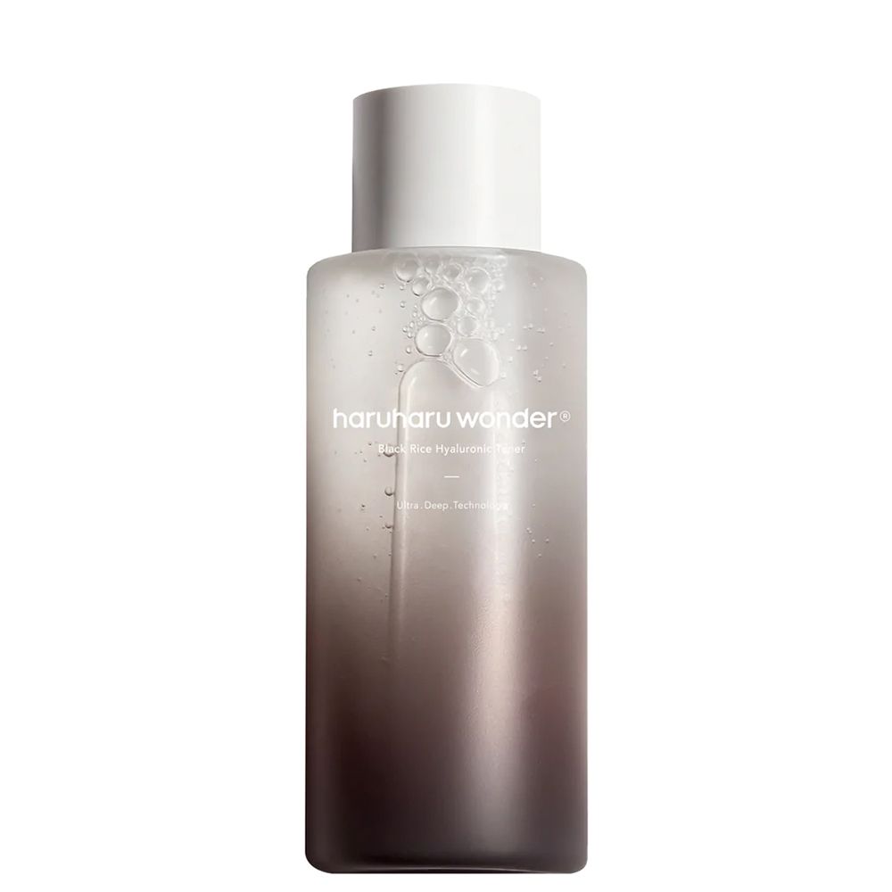 Flacone di tonico Haruharu Wonder con tappo bianco, riempito di liquido limpido e bolle d'aria.
