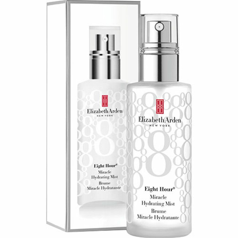 Flacone spray e scatola. Scritta: Elizabeth Arden, Eight Hour Miracle Hydrating Mist. Flacone bianco, tappo argento.