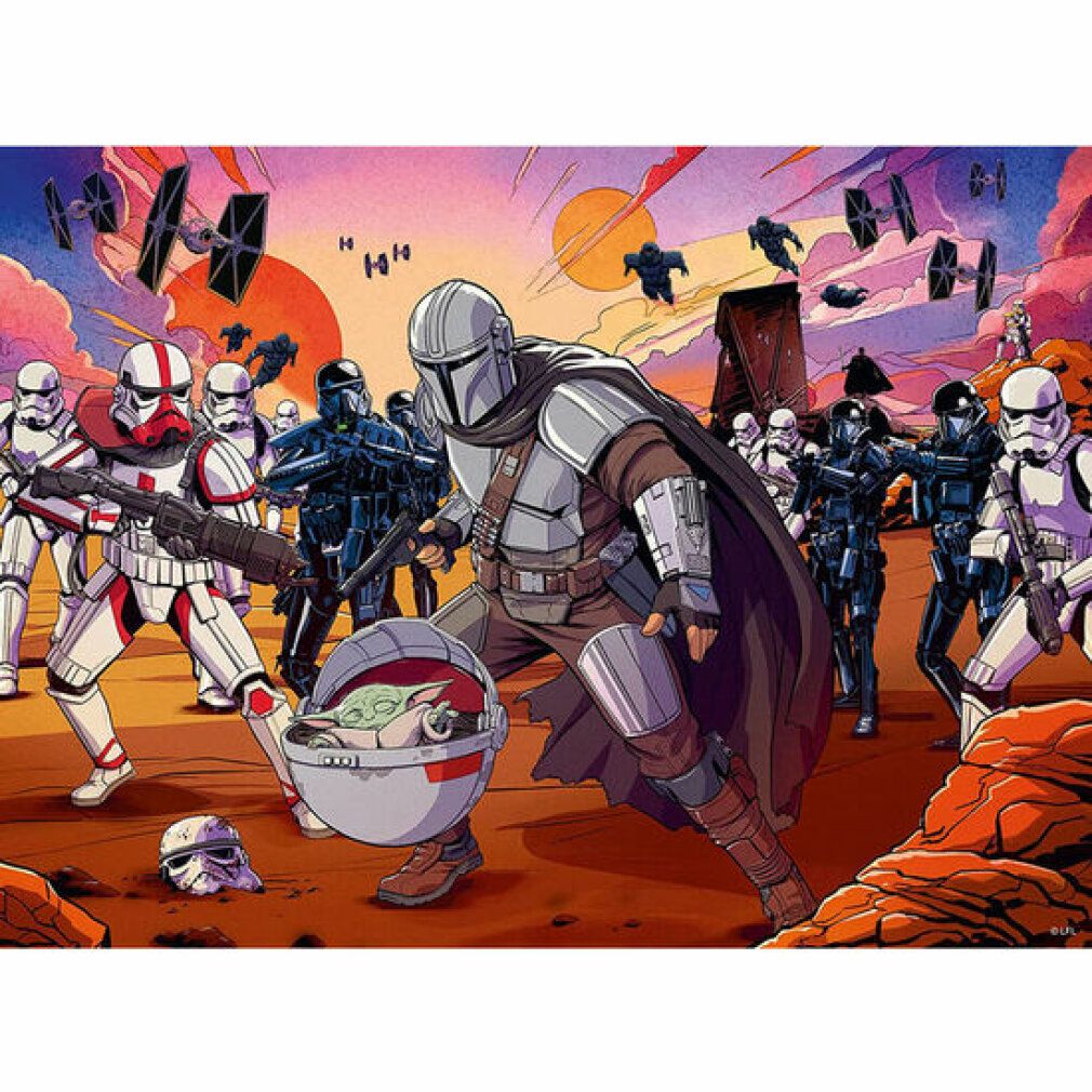 Puzzle Star Wars The Mandalorian: Face-Off. Scena con il Mandaloriano, Baby Yoda e soldati. 200 pezzi.
