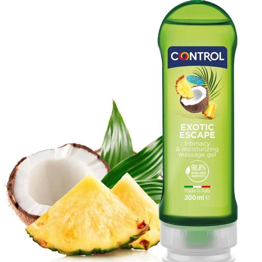 Gel massaggio intimo e idratante Control Exotic Escape in flacone verde, con cocco e ananas accanto.