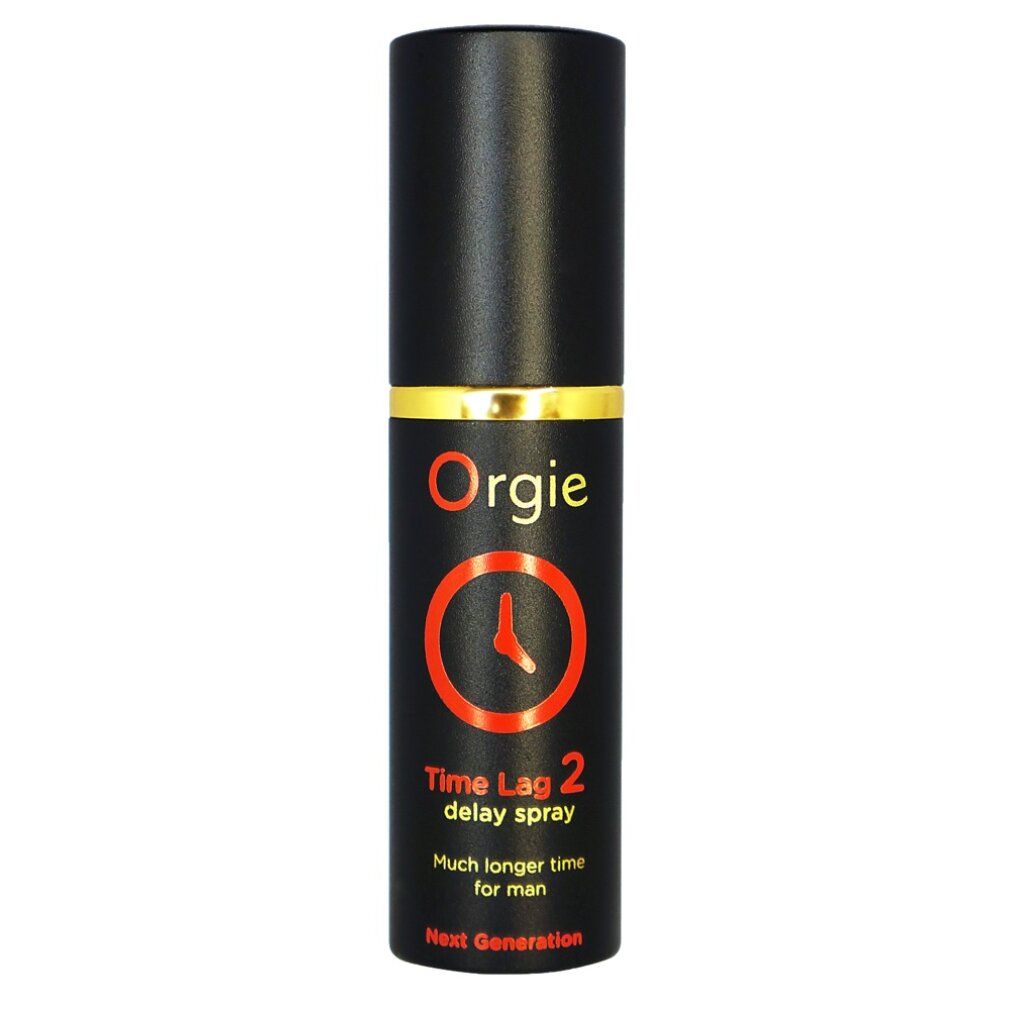 Flacone nero con anello dorato. Scritta: Orgie, Time Lag 2 Delay Spray. Logo arancione a forma di quadrante.