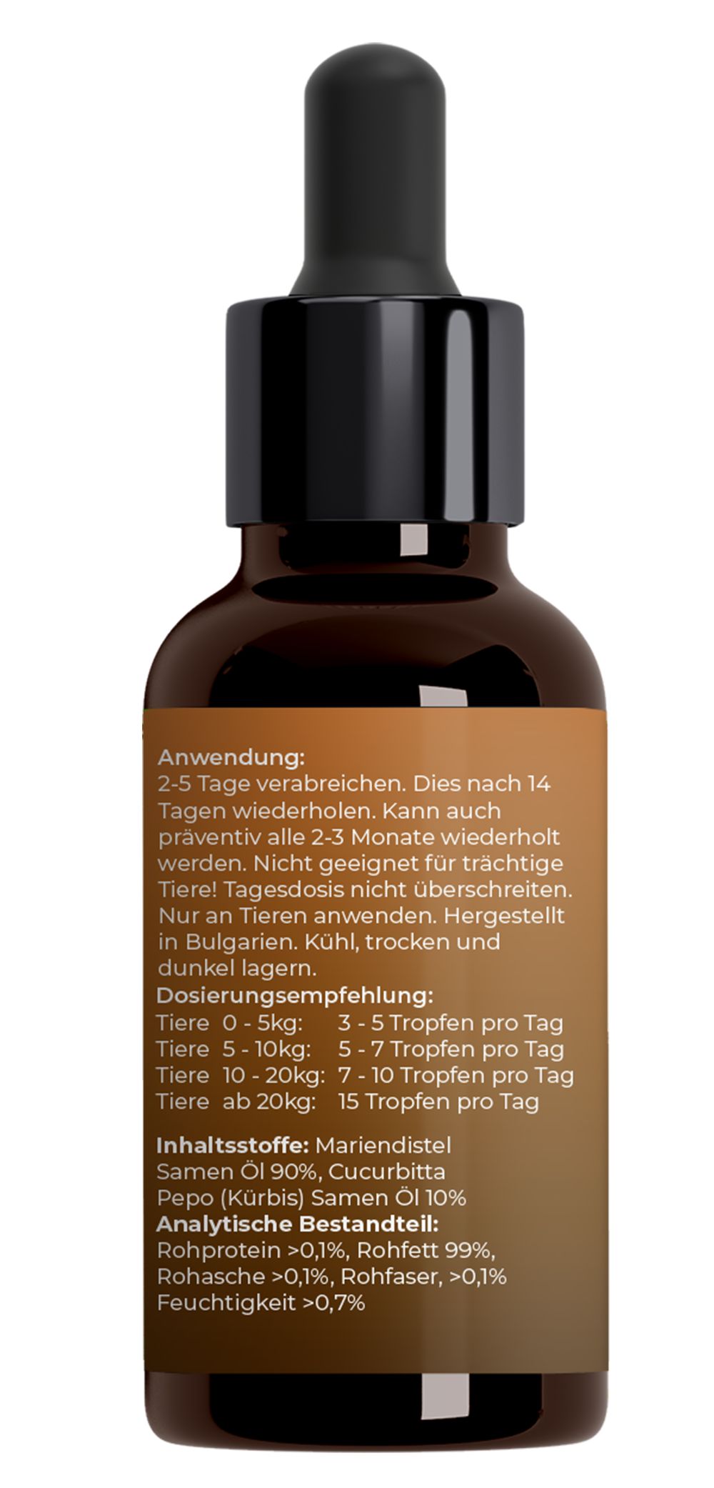 Flacone di vetro marrone con tappo nero e contagocce. Etichetta con testo su uso, ingredienti e componenti analitici.