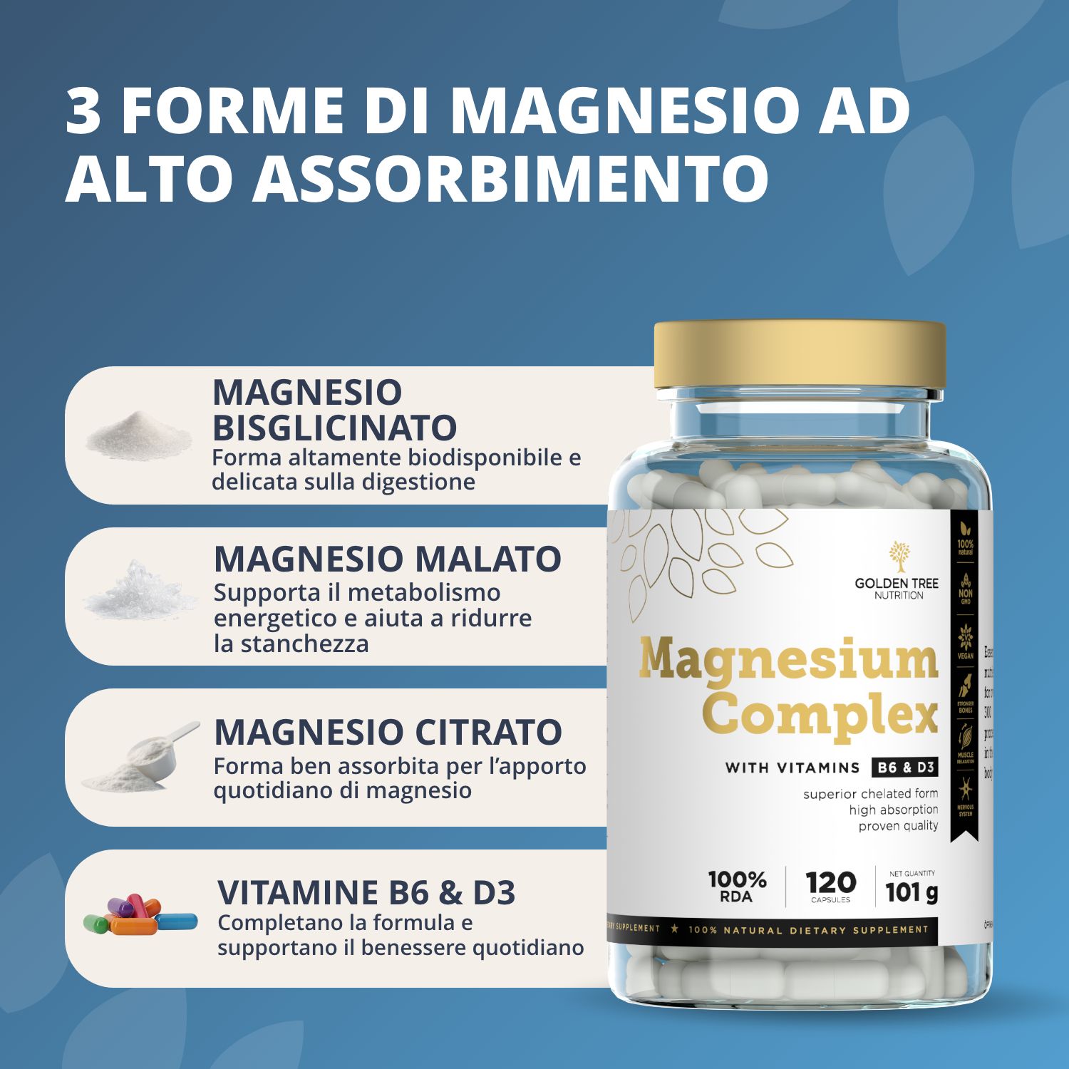 Flacone Golden Tree Magnesium Complex con 3 forme di magnesio e vitamine B6 & D3.